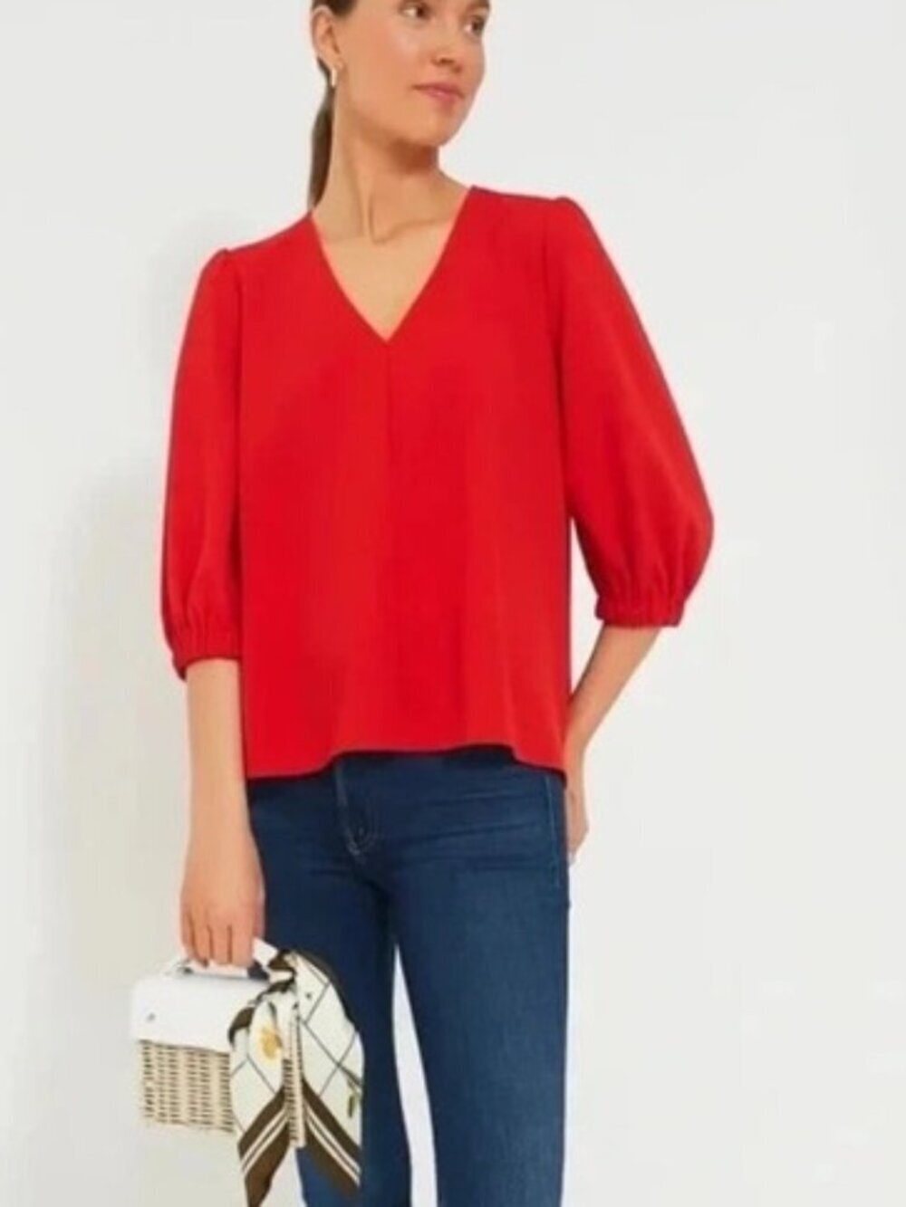 Tuckernuck Poppy Red Hollis V Neck Blouse XS Preppy Classic - Picture 2 of 8